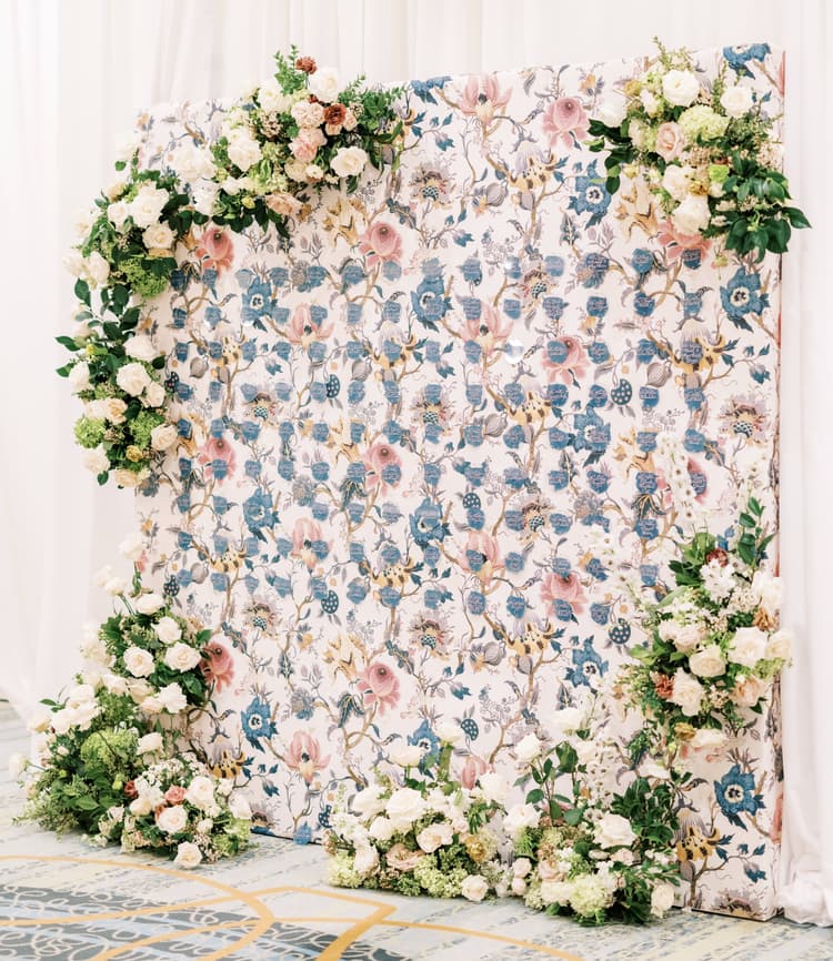Wedding with floral wallpaper seating